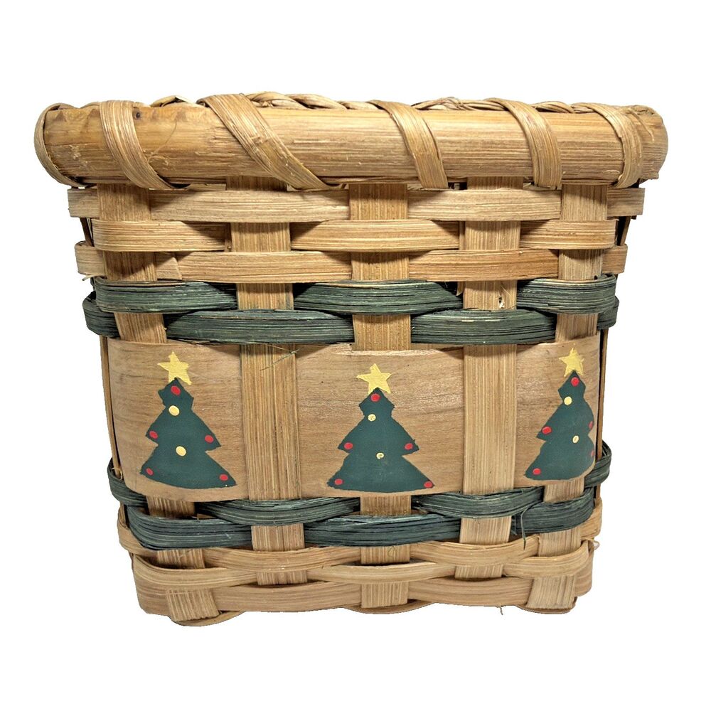 Vintage Hand-Woven Splint Wood Holiday Basket - Hand-Painted Christmas Trees